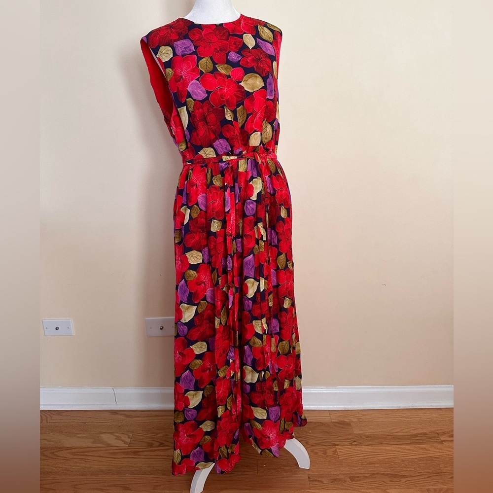 Dyvna Red Green Floral Silk Maxi Dress